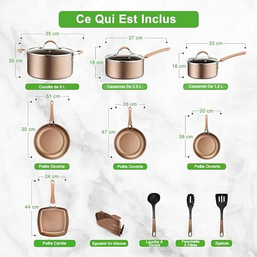 Ensemble de batterie de cuisine avec différentes casseroles et accessoires.