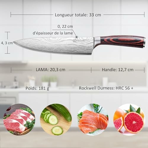 Couteau de cuisine avec mesures et exemples d'utilisation.