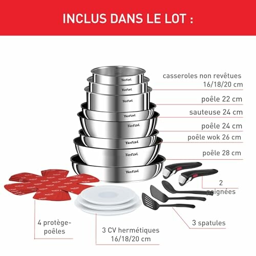 Ensemble de casseroles et poêles Tefal avec accessoires.